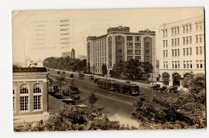 Urban Street Scene with Cars & Streetcar, Real Photo Postcard, Coolidge Corner 1924 PM
