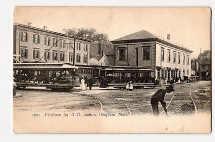 Hingham Sq R.R. Station, Hingham, Massachusetts, Streetcars & Pedestrians, 1907 Postcard