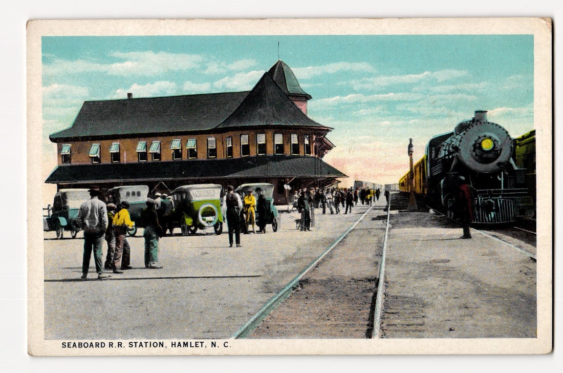 Seaboard R.R. Station, Hamlet, N.C. with Steam Locomotive and Early Automobiles Postcard (1 of 2)