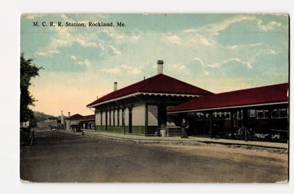 M. C. R. R. Station, Rockland, Maine. Early 20th Century Colorized Railroad Depot Postcard
