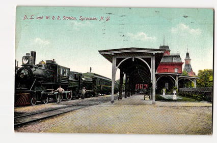 Colorized Postcard of D.L. and W. R.R. Station, Syracuse, N.Y. with Steam Locomotive c.1906