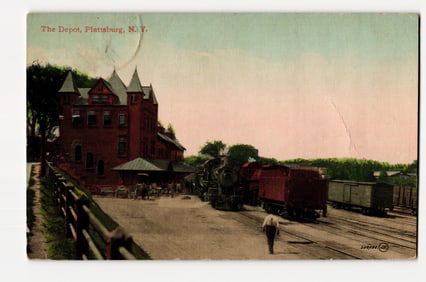 Colorized Postcard of The Depot, Plattsburg, N.Y. with Steam Locomotive and Railcars, c. 1910