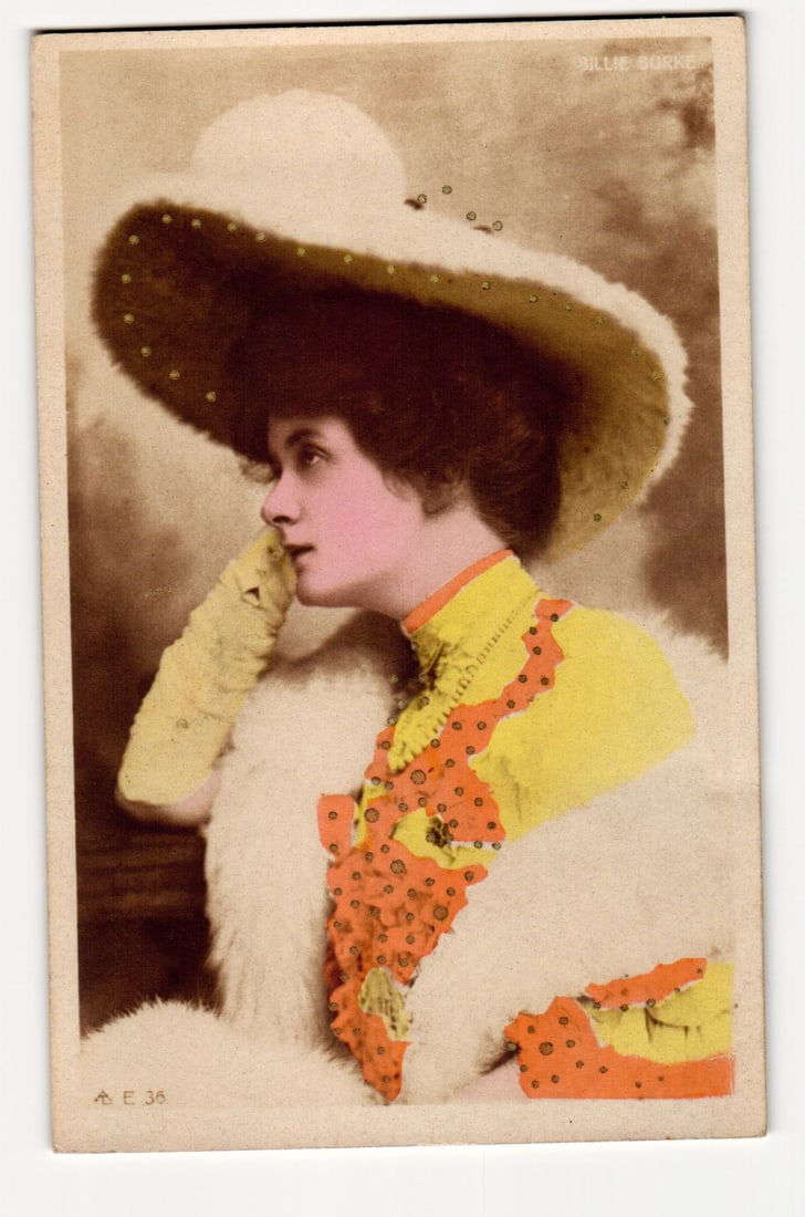 Billie Burke Portrait Postcard, Ornate Hat, Colorized, A.L. Series London, Early 20th Century: A colorized photographic portrait shows actress Billie Burke in profile, facing left. She wears a large, wide-brimmed, fuzzy-textured hat adorned with small, dark, circular embellishments. Her gloved