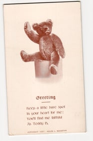 Antique Greeting Postcard: Waving Teddy Bear Seated on Pedestal, "As Teddy B." Poem, 1907