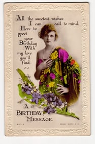Artistic Birthday Greeting Postcard: Woman with Floral Drape & Bouquet, Rotary Photo, London