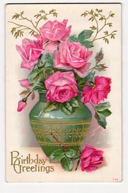 Antique Birthday Greetings Postcard: Pink Roses in Ornate Green Vase with Gold Embellishments
