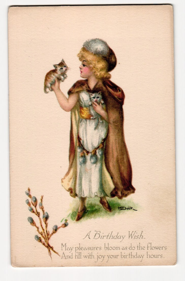 Antique Birthday Wish Postcard: Girl in Fur-Trimmed Attire Holding Two Kittens, M. Dulk Art (1 of 2)