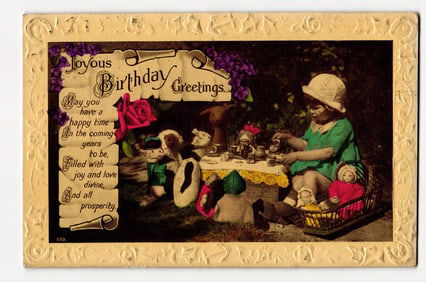 Joyous Birthday Greetings Postcard: Child at Outdoor Tea Party with Dolls, Embossed Design