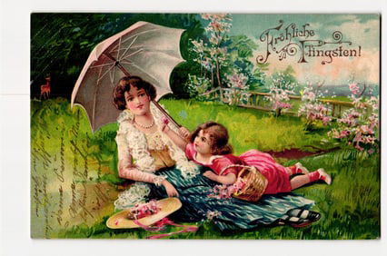 German "Fröhliche Pfingsten!" Postcard: Woman & Child with Parasol, Spring Scene, c. 1903