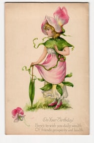MDUK Signed Sweet Pea Flower Girl On Your Birthday Wish Anthropomorphic Illustrated Postcard