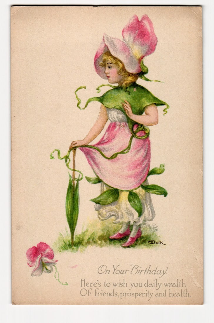 MDUK Signed Sweet Pea Flower Girl On Your Birthday Wish Anthropomorphic Illustrated Postcard (1 of 2)