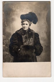 RPPC Postcard: Studio Portrait of Woman in Fur Coat and Elaborate Plumed Hat, circa 1900s