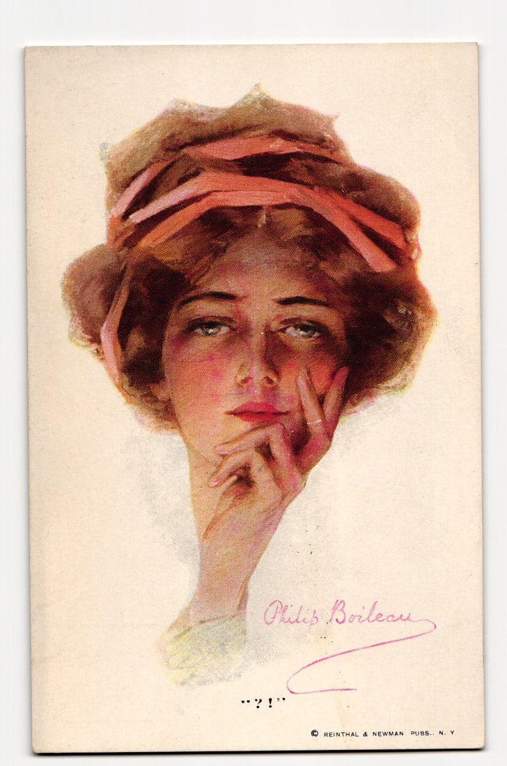 Philip Boileau Art Postcard: Portrait of a Woman with Pink Hat Ribbon, Reinthal & Newman Pubs. (1 of 2)