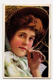 Antique Postcard: Portrait of Woman in Straw Hat, "A HAYSEED", Worcester, Mass. Postmark 1907