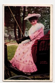 Colorized Postcard: Woman in Pink Dress & Hat in Carriage, "A High STEPPER", Postmarked 1907.