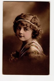 Sepia Portrait of Young Woman with Pearl Headband, Voro-Gravure German Postcard Serie 85