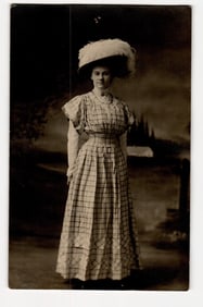 RPPC Studio Portrait Postcard: Woman in Feathered Hat and Plaid Dress, Dated March 1909