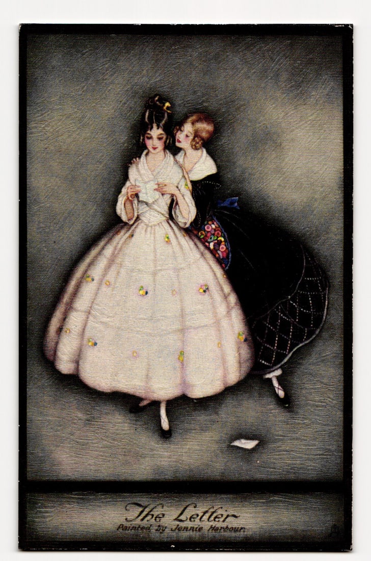 "The Letter" by Jennie Harbour, "Early Victorian" Series, Oilette De Luxe Tuck's Postcard No. 3801 (1 of 2)