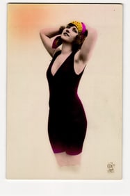 Antique French E.K.C. postcard #1053, woman in dark swimsuit & patterned headscarf posing