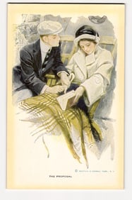 "The Proposal" Illustration of Seated Couple with Book, Reinthal & Newman, N.Y. Pubs. Postcard.