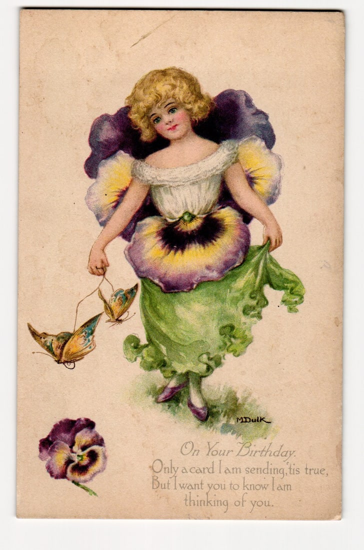 Antique "On Your Birthday" Postcard: Girl as Pansy Flower with Butterflies, M Dulk Artist (1 of 2)