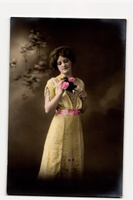 Woman in Yellow Dress Holding Pink Roses, Hand-Tinted Early 20th Century Real Photo Postcard