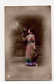 Early 20th C. Hand-Colored RPPC Postcard: Woman with Bouquet & Floral Hat, Sepia Portrait