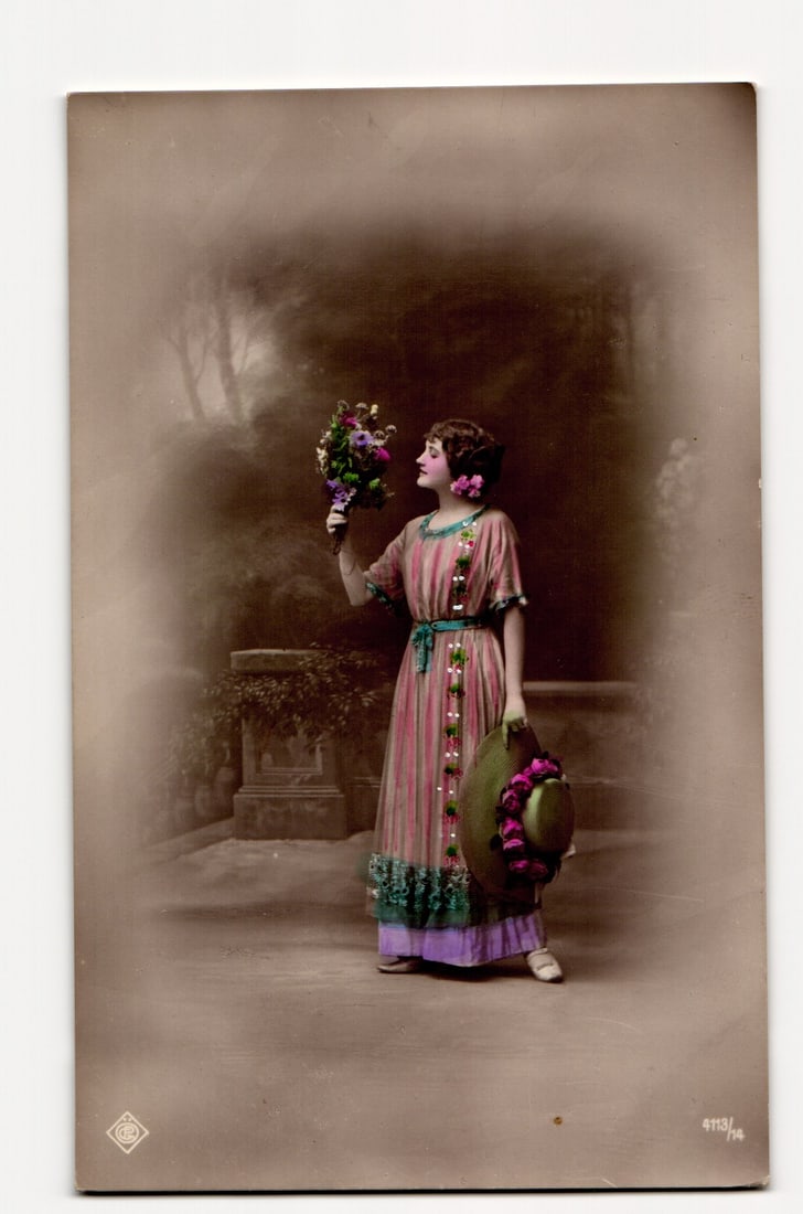 Early 20th C. Hand-Colored RPPC Postcard: Woman with Bouquet & Floral Hat, Sepia Portrait (1 of 2)
