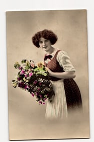 Hand-Tinted RPPC Postcard: Woman in Folk Dress with Large Floral Basket, Polish Text on Verso