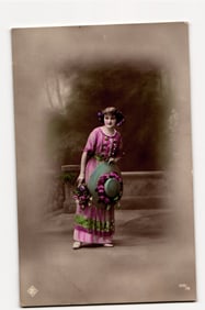 RPPC Woman in Striped Dress with Large Floral Hat, Hand-Tinted, Polish Greetings Postcard