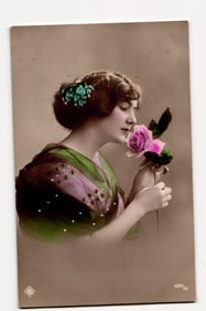 Early 20th C. tinted sepia postcard, woman smelling rose, flowers in her hair, No. 4085/90
