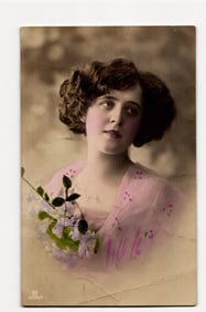 Early 20th C. Hand-Tinted Real Photo Postcard of a Woman with Flowers, German Print
