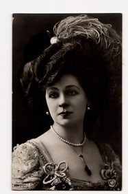 RPPC Postcard Portrait of an Elegant Woman with Feathered Hat and Pearls, NRG Logo, No. 589/7