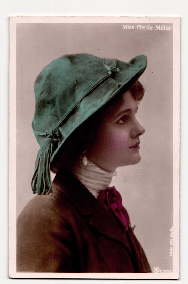 Miss Gertie Millar in Green Hat, Profile Portrait by Rita Martin, Real Photo Postcard C.2025 (1 of 2)