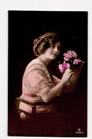 RPPC Postcard: Woman with Braided Hair Holding Pink & White Flowers, Detroit, 1912 Hand-Tinted