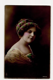 Hand-Tinted Platino-Bromide Postcard of a Woman, Floral Headband, Brentwood Postmark, c.1910