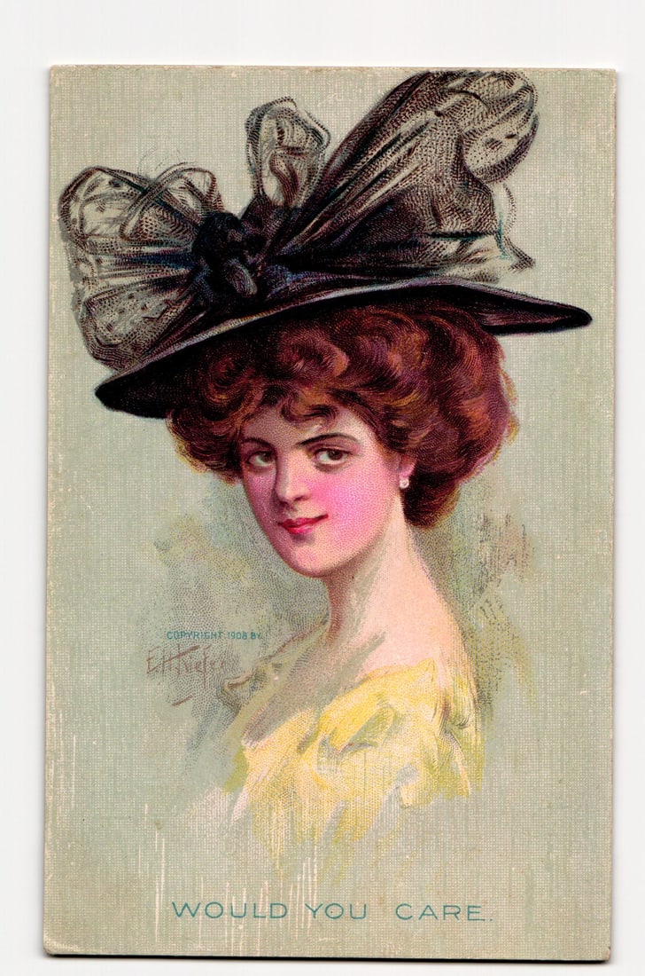 Antique 1908 Postcard: Woman in Ornate Hat, "Would You Care." Artist Signed E.H. T. Illustration: A color illustration depicts a bust portrait of a woman with auburn hair styled in an updo. She wears a very large, dark, elaborate hat adorned with bows and possibly lace elements. Her attire include
