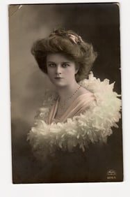 Postcard: Edwardian Woman in Feather Boa, Sepia Portrait, KRK 4075/4, Sent from London 1908