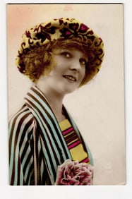 Woman in Patterned Hat & Striped Jacket, Hand-Tinted Photo Postcard, P-C Paris, France