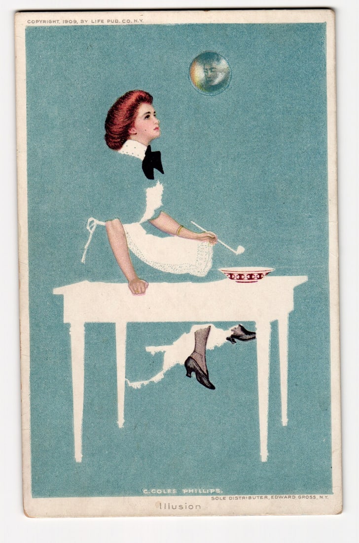 C. Coles Phillips 'Illusion' Optical Illusion Woman Blowing Bubble Postcard, 1909 Life Pub. Co. (1 of 2)