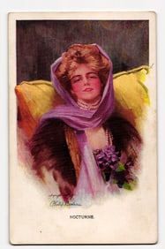 1907 "Nocturne" by Philip Boileau, Portrait of a Woman with Lavender Scarf, Art Postcard