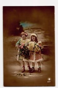 Hand-Tinted Postcard: Two Young Girls in Winter Outfits with Floral Bouquets, Dated 1919