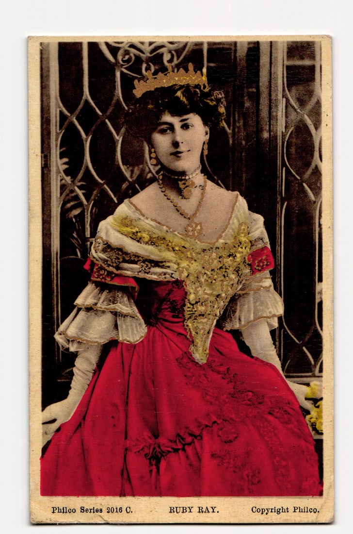 Ruby Ray, Ornate Red Gown, Philco Series 2016 C, c.1905 Tinted Postcard, Belfast Postmark (1 of 2)