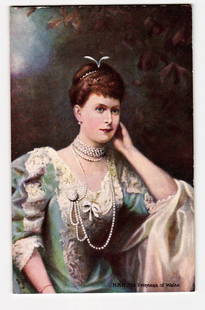 H.R.H. The Princess of Wales, Victoria Mary, "Oilette" Postcard No. 9166 by Raphael Tuck & Sons: Color print: H.R.H. The Princess of Wales, mid-torso portrait. Angled right, faces viewer. Reddish-brown updo, winged hair ornament. Teal gown, white lace sleeves/bodice. Pearl jewelry: choker, long s
