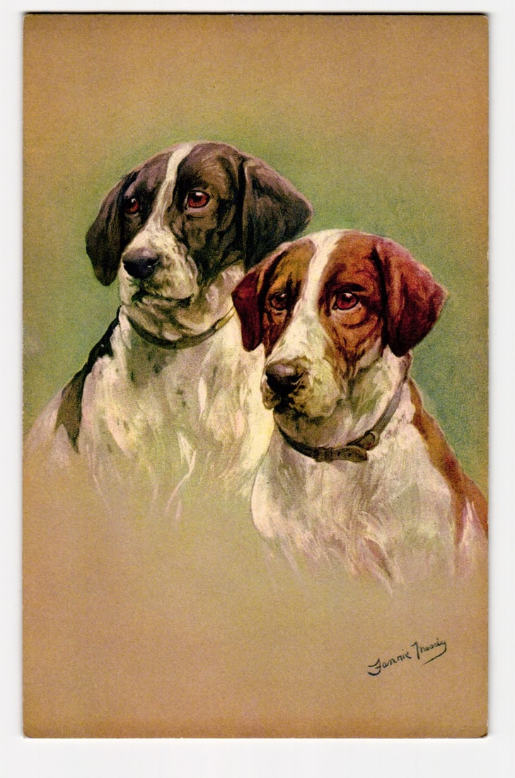 Fannie Moody Signed Illustration Two Hunting Dogs Postcard, Edition Stehli, Printed in Switzerland: An illustration depicts two dogs, characteristic of hunting breeds such as pointers. The dog on the left has a predominantly black and white coat with dark brown patches on its head and ears, and wear