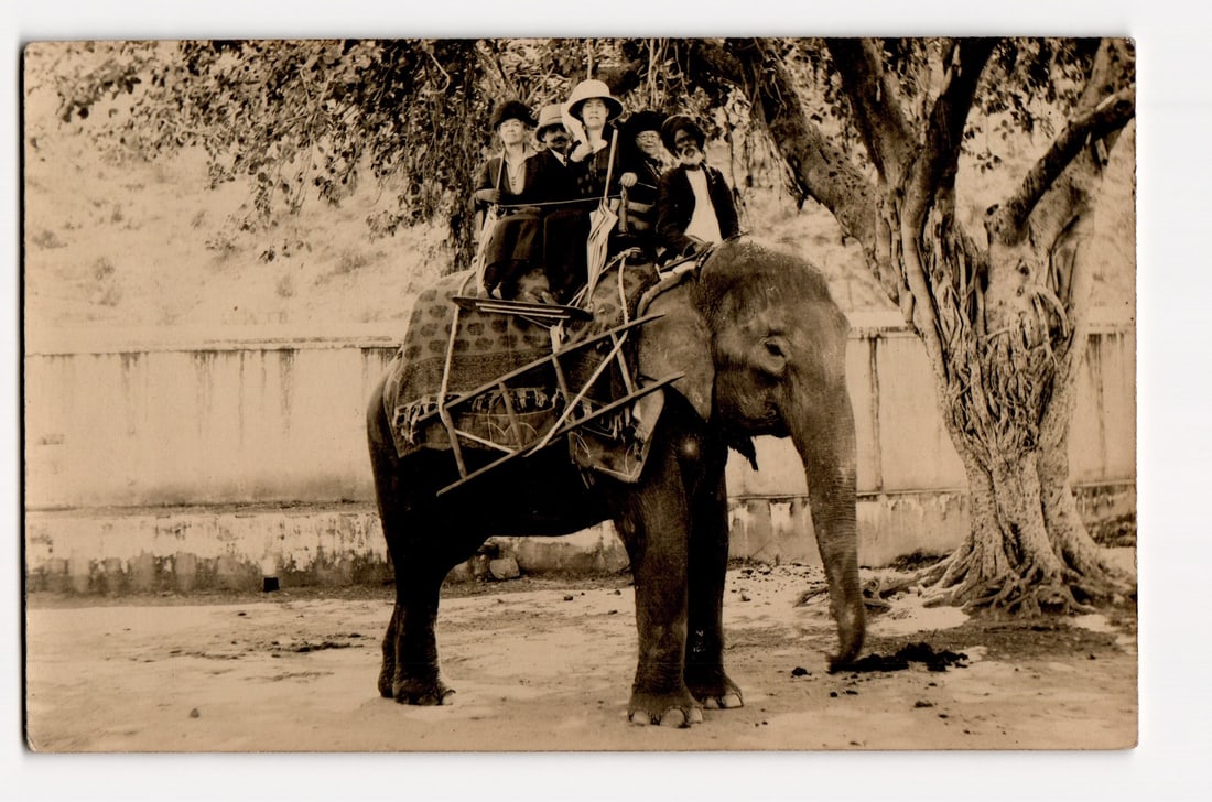 Real Photo Postcard: Group of Five Riding an Elephant with Howdah, Zoo Souvenir, Early 1900s: A sepia-toned photograph shows five individuals riding an elephant. The elephant, depicted in profile facing to the right, is adorned with a patterned blanket and equipped with a metal-framed seating 