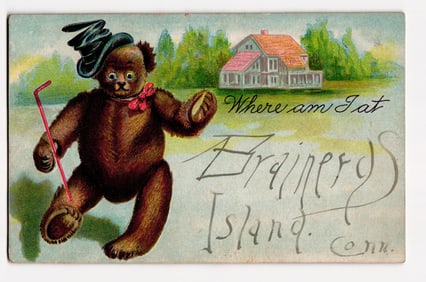 Brainerd Island, Conn. Postcard Featuring Teddy Bear, Hat, Cane & 'Where am I at' Text