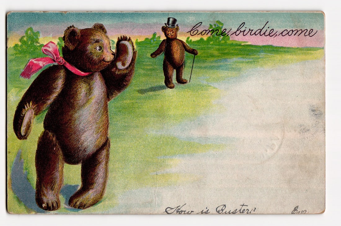 Teddy Bears "Come, birdie, come" Illustration Postcard, Fairview & Albion PA Postmarks 1907: An illustration depicts two anthropomorphic teddy bears in an outdoor setting. The foreground bear, larger and dark brown with a pink neck ribbon, stands on its hind legs facing slightly right, its le