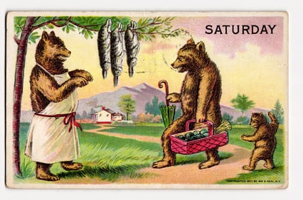 Saturday Bears: Anthropomorphic Bears, One in Apron, One with Fish Basket, 1907 Heal Postcard