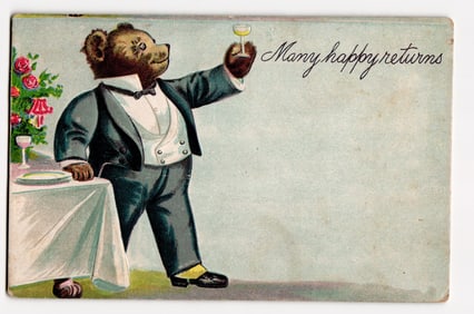 Anthropomorphic Bear in Tuxedo Toasting 'Many happy returns' Embossed Illustrated Postcard